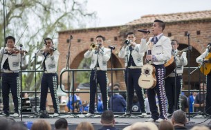 Mariachi Nuevo Capistrano - 6 musicians on park stage 